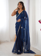 Vegaa Fashion Blue Fandy Silk Moti & Val Sequence Designer Saree | Grocsy