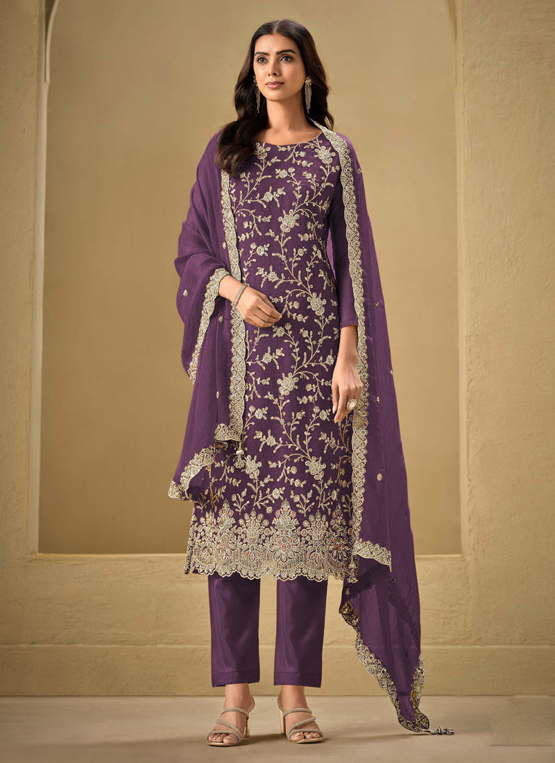 Vegaa Fashion Violet Chinon Sequence Embroidered Salwar Suit | Grocsy