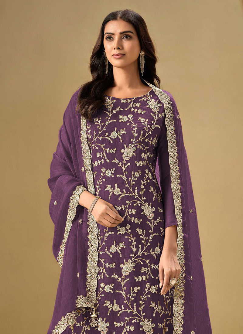 Vegaa Fashion Violet Chinon Sequence Embroidered Salwar Suit | Grocsy