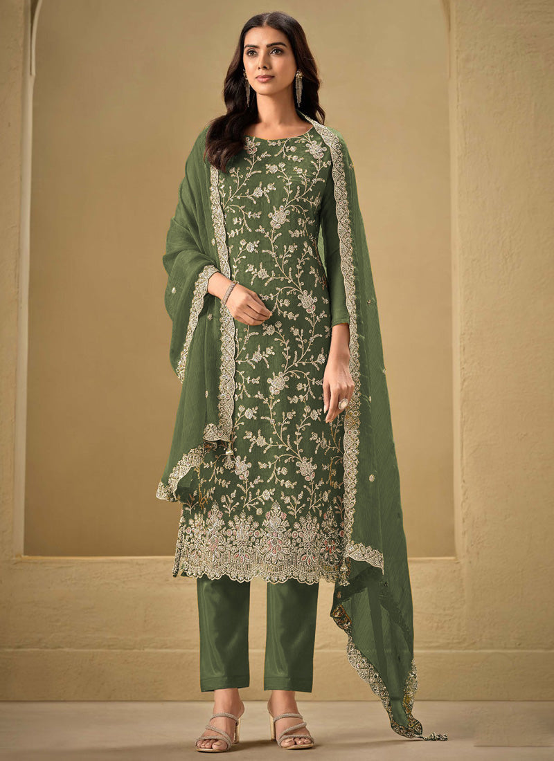 Vegaa Fashion Mahendi Chinon Sequence Embroidered Salwar Suit | Grocsy