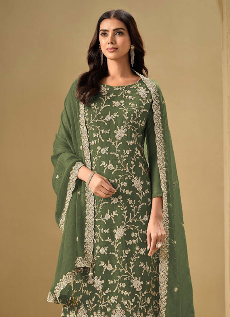 Vegaa Fashion Mahendi Chinon Sequence Embroidered Salwar Suit | Grocsy