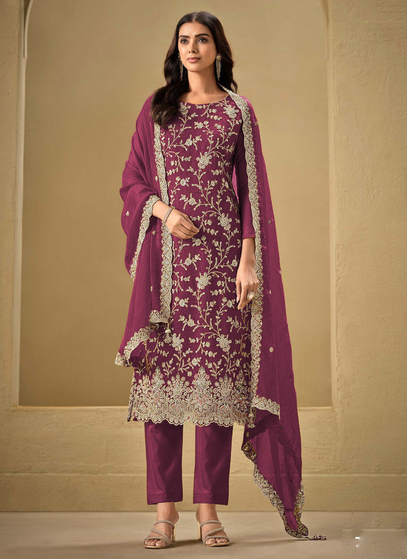 Vegaa Fashion Wine Chinon Sequence Embroidered Salwar Suit | Grocsy