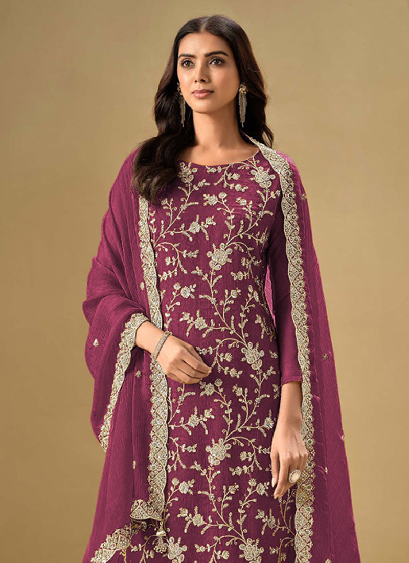 Vegaa Fashion Wine Chinon Sequence Embroidered Salwar Suit | Grocsy