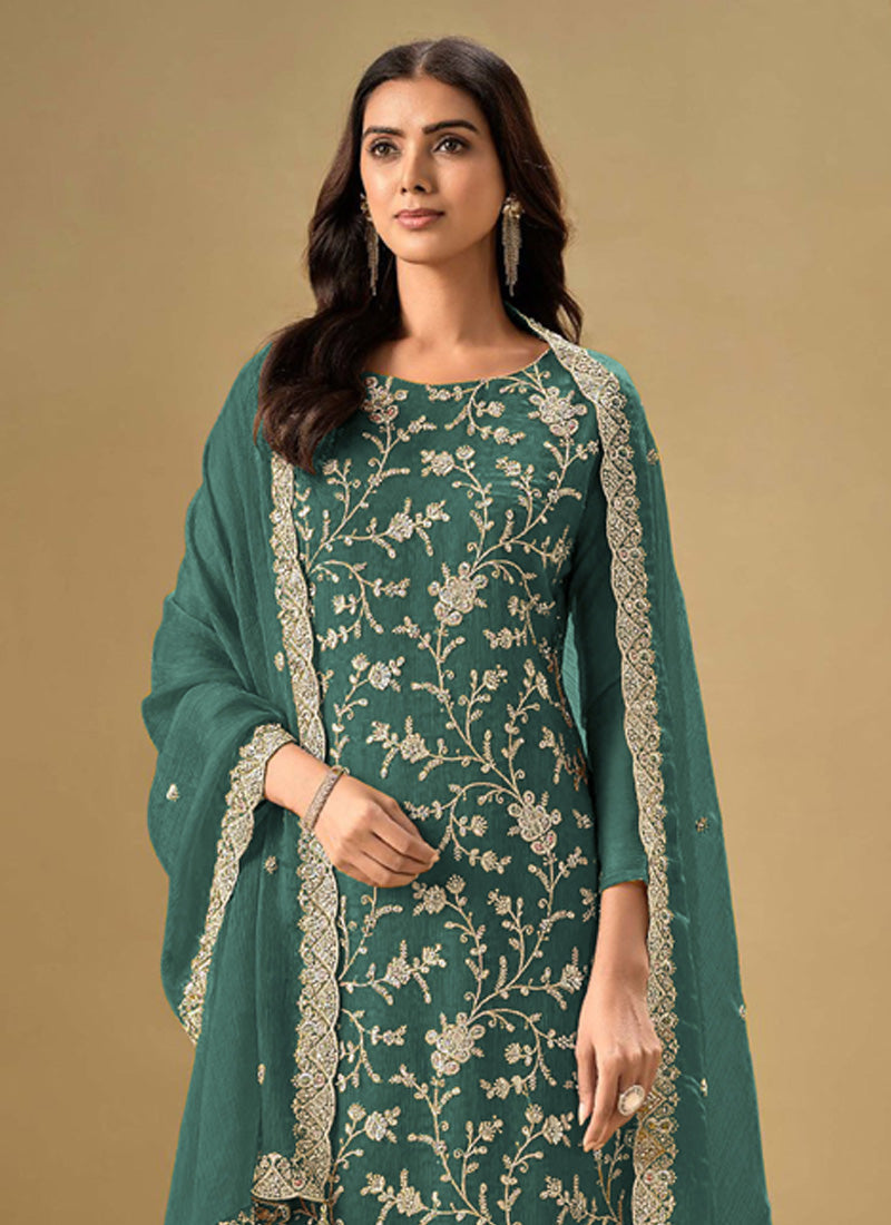 Vegaa Fashion Aqua Blue Chinon Sequence Embroidered Salwar Suit | Grocsy