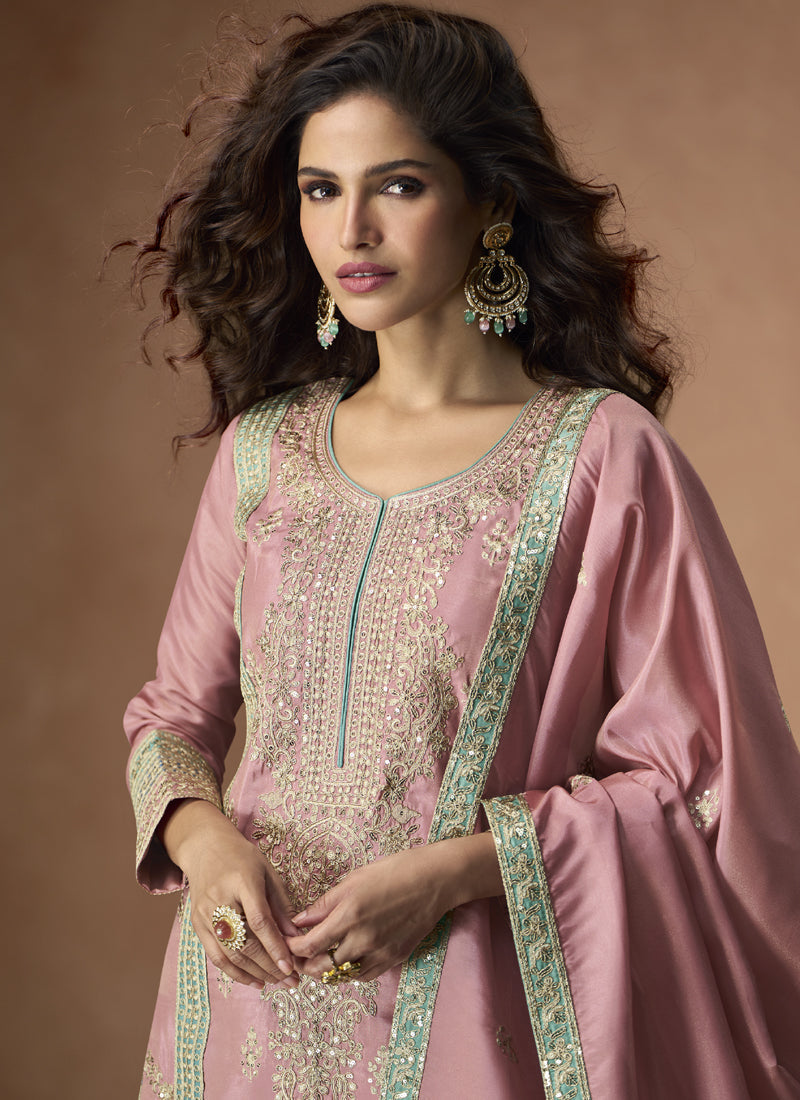Vegaa Fashion Onion Pink Organza Simar Silk Embroidered Palazzo Suit | Grocsy