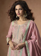 Vegaa Fashion Onion Pink Organza Simar Silk Embroidered Palazzo Suit | Grocsy