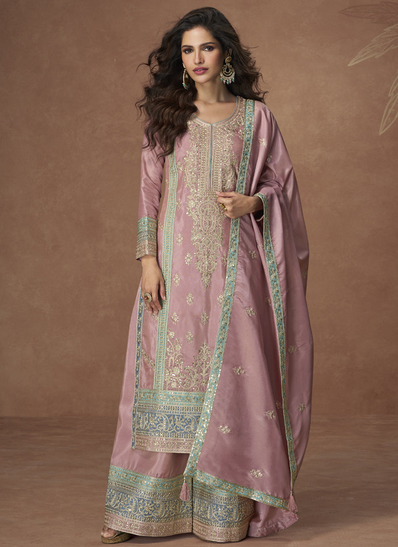 Vegaa Fashion Onion Pink Organza Simar Silk Embroidered Palazzo Suit | Grocsy