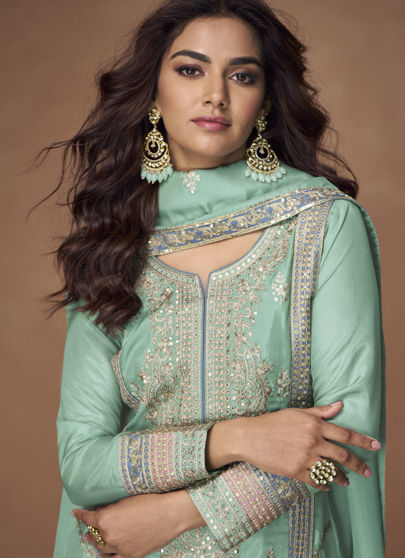 Vegaa Fashion Sea Green Organza Simar Silk Embroidered Palazzo Suit | Grocsy