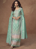 Vegaa Fashion Sea Green Organza Simar Silk Embroidered Palazzo Suit | Grocsy