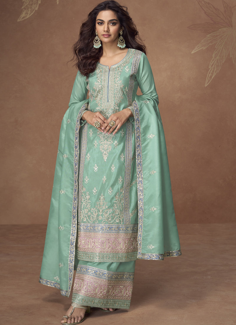 Vegaa Fashion Sea Green Organza Simar Silk Embroidered Palazzo Suit | Grocsy