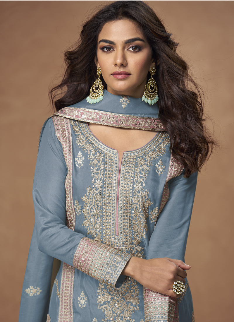 Vegaa Fashion Grey Organza Simar Silk Embroidered Palazzo Suit | Grocsy