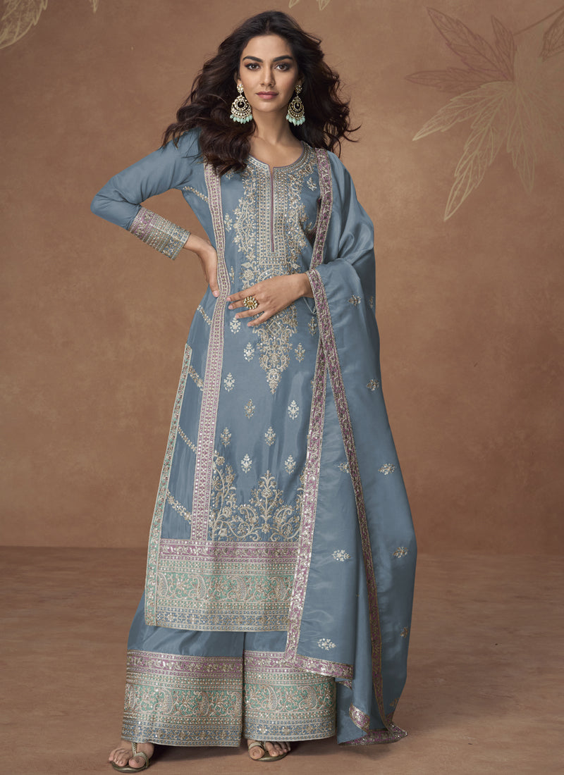 Vegaa Fashion Grey Organza Simar Silk Embroidered Palazzo Suit | Grocsy
