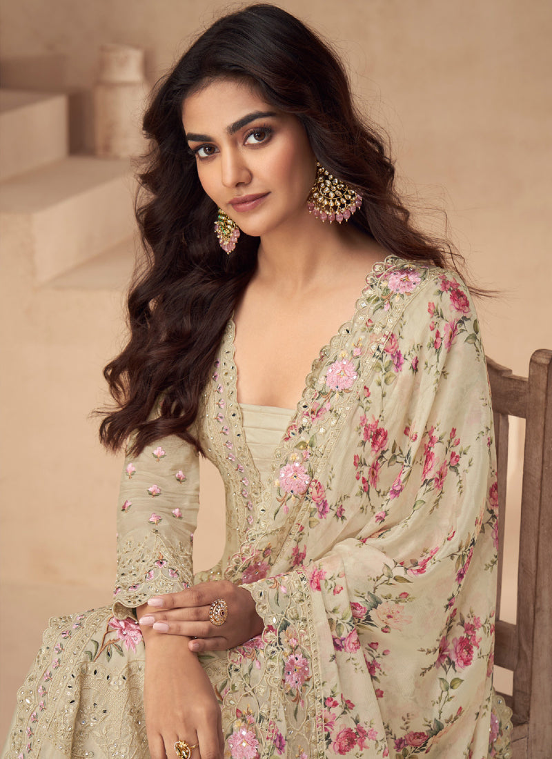 Vegaa Fashion Cream Chinon Silk Embroidered Palazzo Suit | Grocsy