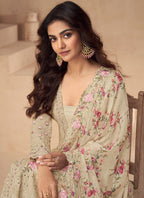 Vegaa Fashion Cream Chinon Silk Embroidered Palazzo Suit | Grocsy