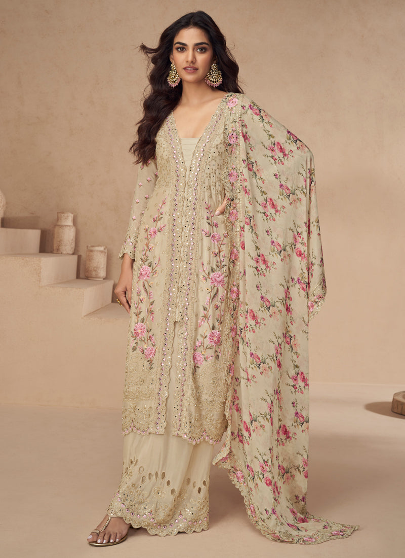 Vegaa Fashion Cream Chinon Silk Embroidered Palazzo Suit | Grocsy