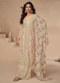 Vegaa Fashion Cream Chinon Silk Embroidered Palazzo Suit | Grocsy