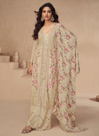 Vegaa Fashion Cream Chinon Silk Embroidered Palazzo Suit | Grocsy