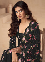 Vegaa Fashion Black Chinon Silk Embroidered Palazzo Suit | Grocsy