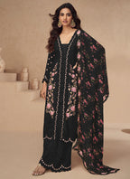 Vegaa Fashion Black Chinon Silk Embroidered Palazzo Suit | Grocsy