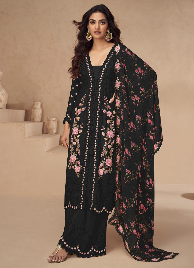 Vegaa Fashion Black Chinon Silk Embroidered Palazzo Suit | Grocsy