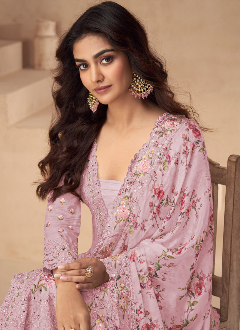 Vegaa Fashion Light Pink Chinon Silk Embroidered Palazzo Suit | Grocsy