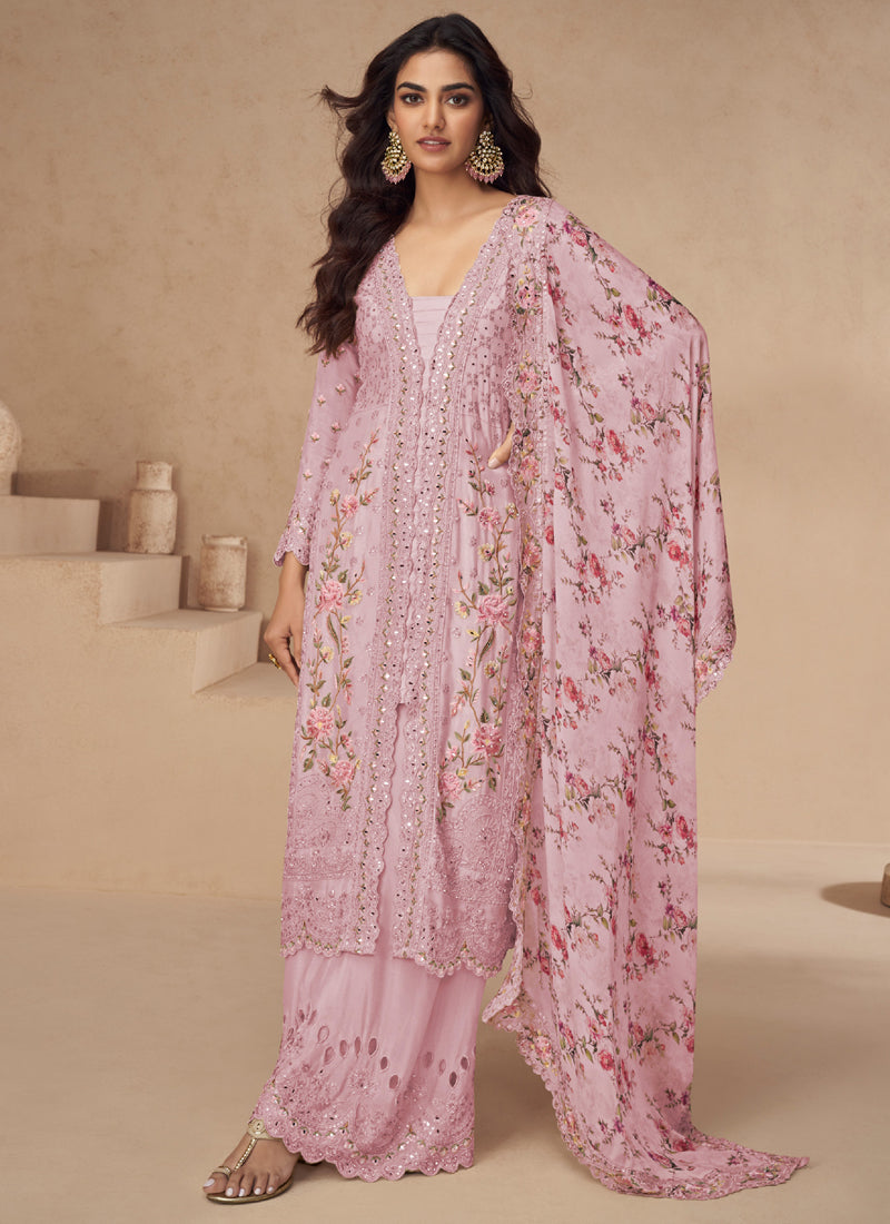 Vegaa Fashion Light Pink Chinon Silk Embroidered Palazzo Suit | Grocsy