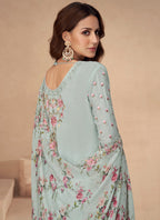 Vegaa Fashion Sea Green Chinon Silk Embroidered Palazzo Suit | Grocsy