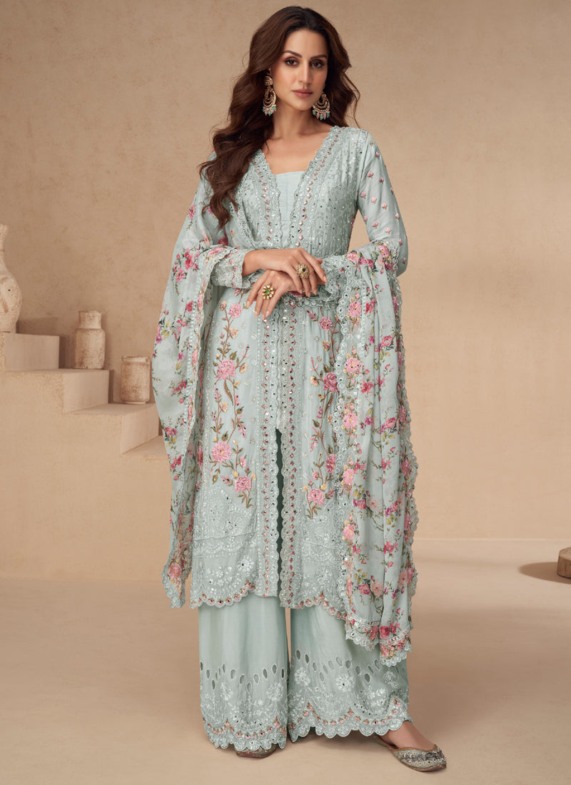 Vegaa Fashion Sea Green Chinon Silk Embroidered Palazzo Suit | Grocsy