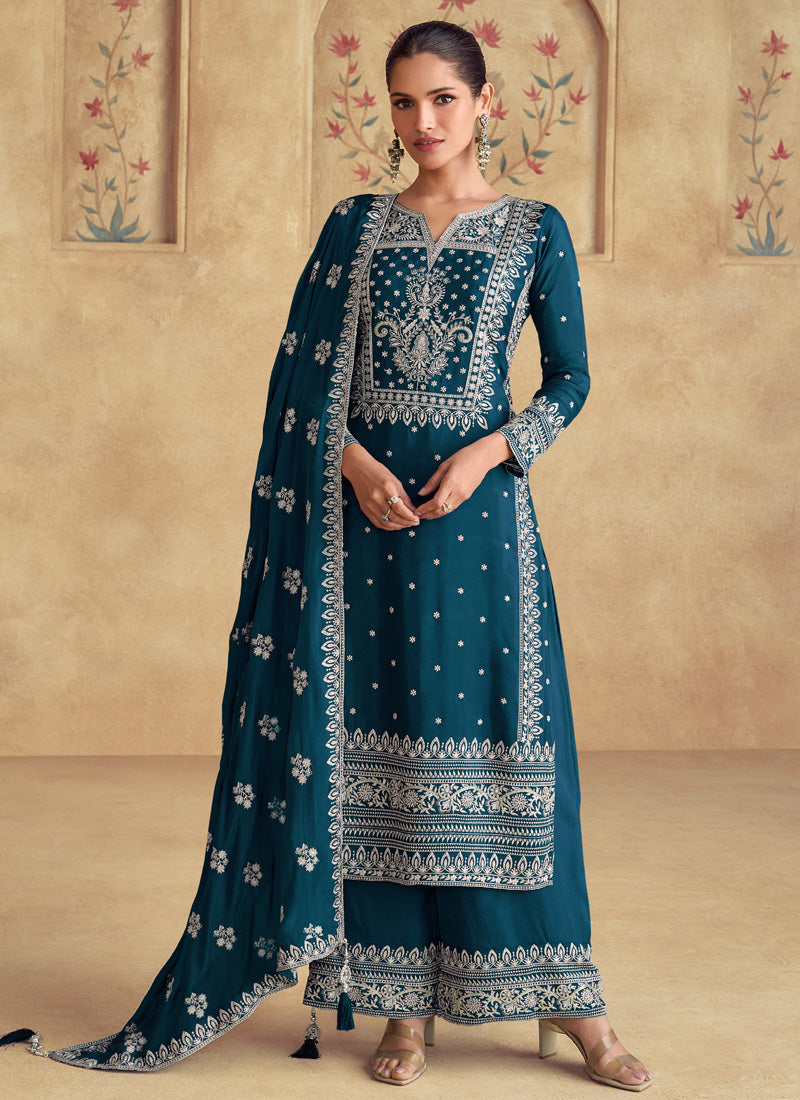 Vegaa Fashion Aqua Blue Georgette Embroidered Palazzo Suit | Grocsy