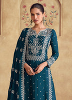 Vegaa Fashion Aqua Blue Georgette Embroidered Palazzo Suit | Grocsy