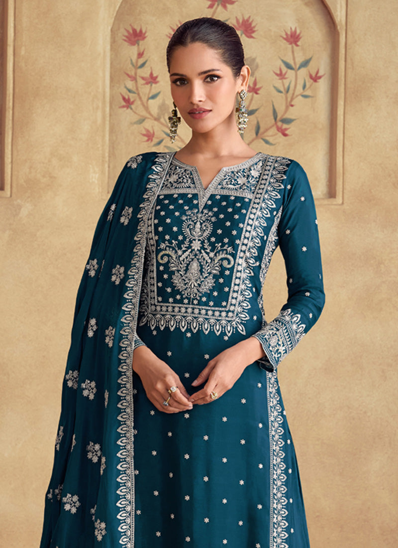 Vegaa Fashion Aqua Blue Georgette Embroidered Palazzo Suit | Grocsy