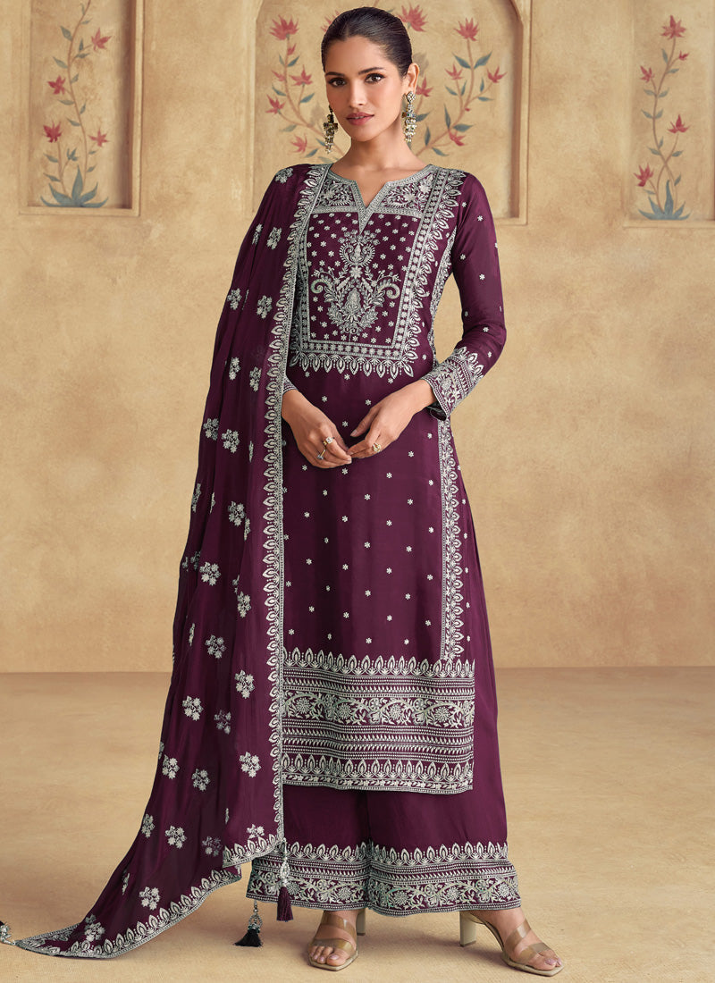 Vegaa Fashion Wine Georgette Embroidered Palazzo Suit | Grocsy