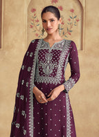 Vegaa Fashion Wine Georgette Embroidered Palazzo Suit | Grocsy