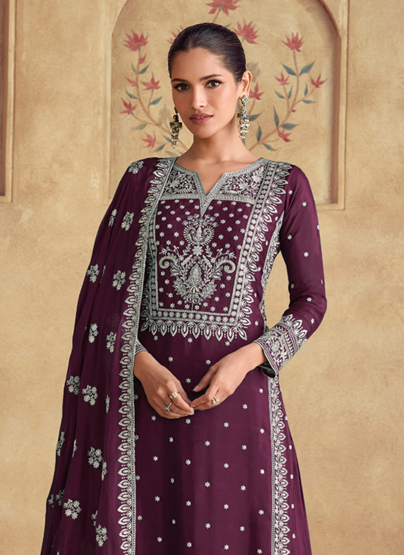 Vegaa Fashion Wine Georgette Embroidered Palazzo Suit | Grocsy