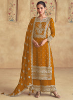 Vegaa Fashion Mustard Georgette Embroidered Palazzo Suit | Grocsy