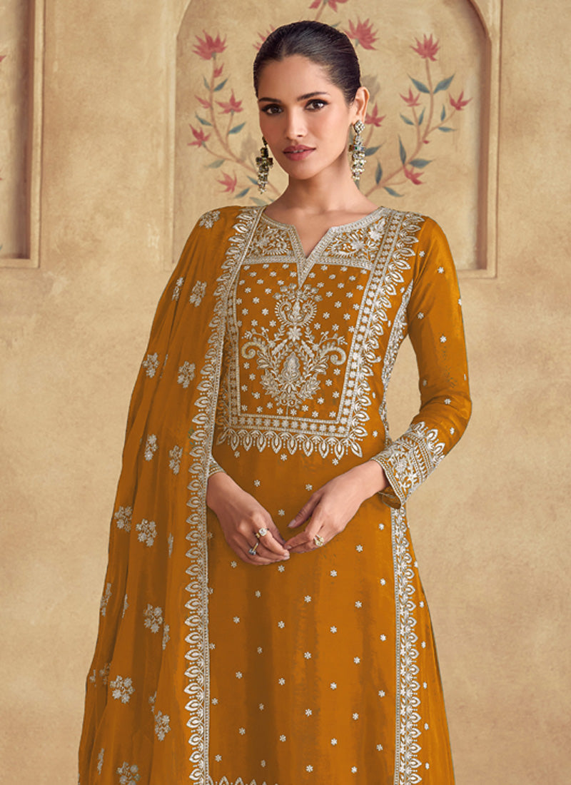 Vegaa Fashion Mustard Georgette Embroidered Palazzo Suit | Grocsy
