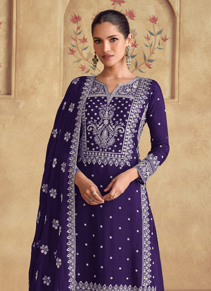 Vegaa Fashion Violet Georgette Embroidered Palazzo Suit | Grocsy