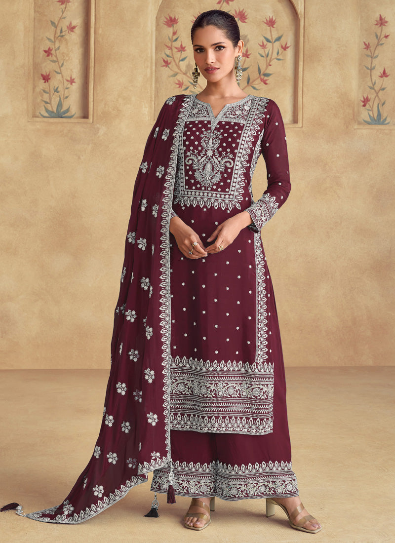 Vegaa Fashion Maroon Georgette Embroidered Palazzo Suit | Grocsy