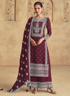Vegaa Fashion Maroon Georgette Embroidered Palazzo Suit | Grocsy