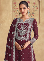 Vegaa Fashion Maroon Georgette Embroidered Palazzo Suit | Grocsy