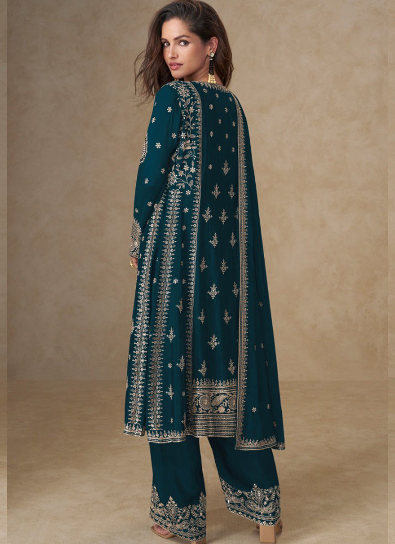 Vegaa Fashion Blue Chinon Silk Embroidered Designer Salwar Suit | Grocsy
