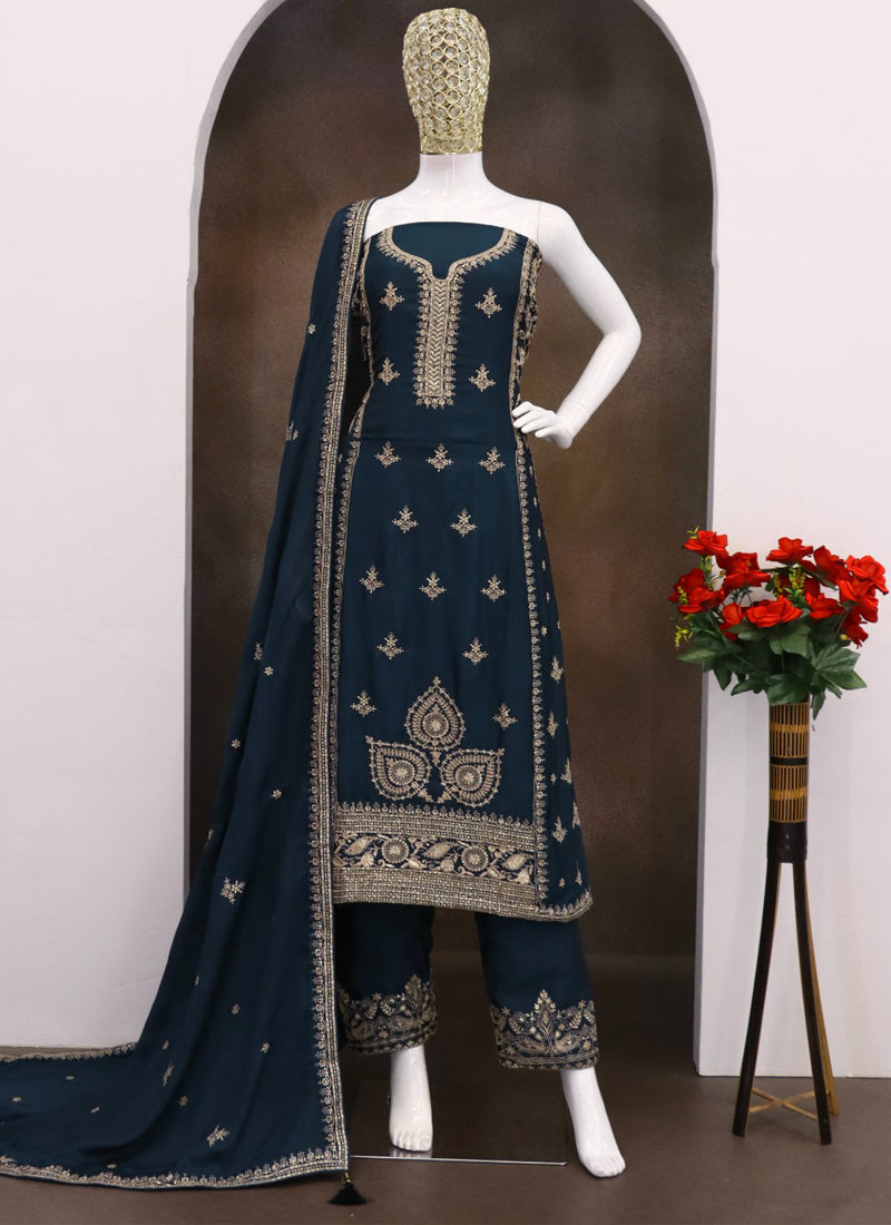 Vegaa Fashion Blue Chinon Silk Embroidered Designer Salwar Suit | Grocsy