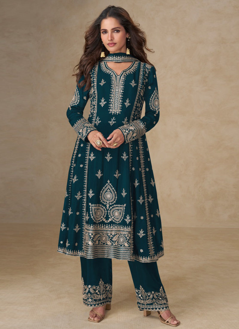 Vegaa Fashion Blue Chinon Silk Embroidered Designer Salwar Suit | Grocsy