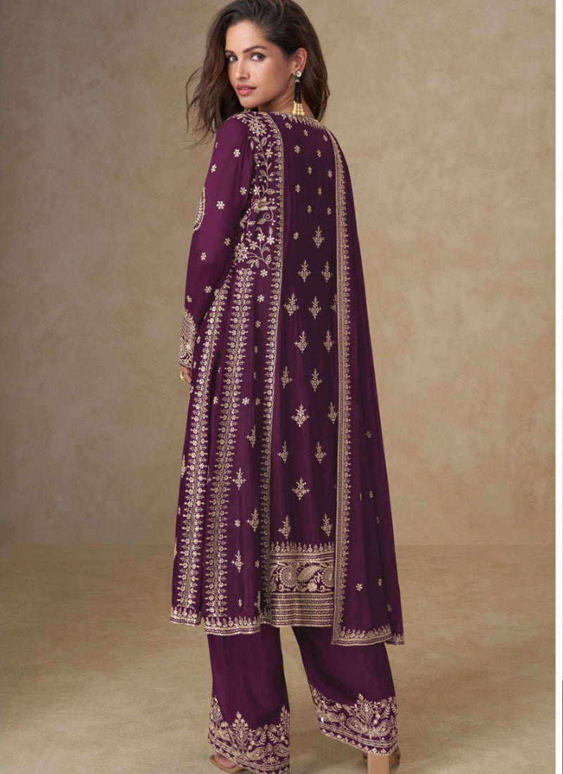 Vegaa Fashion Purple Chinon Silk Embroidered Designer Salwar Suit | Grocsy
