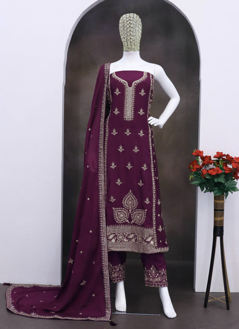 Vegaa Fashion Purple Chinon Silk Embroidered Designer Salwar Suit | Grocsy