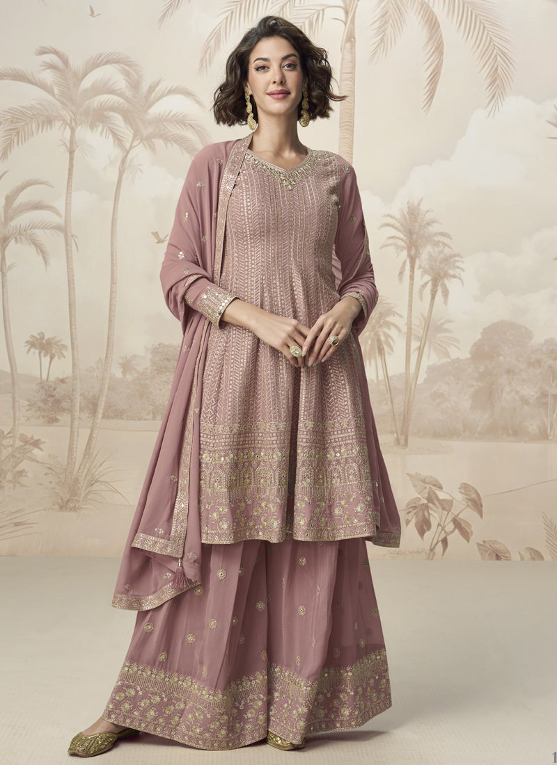 Vegaa Fashion Peach Georgette Embroidered Designer Palazzo Suit | Grocsy