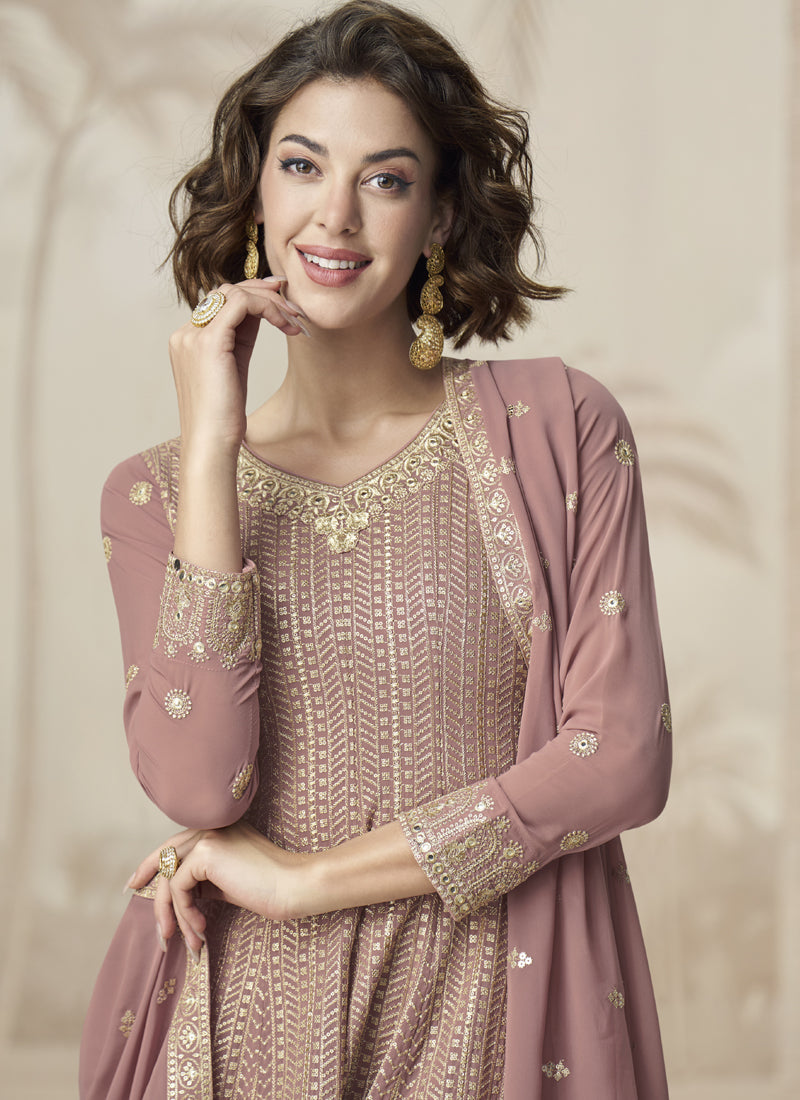 Vegaa Fashion Peach Georgette Embroidered Designer Palazzo Suit | Grocsy