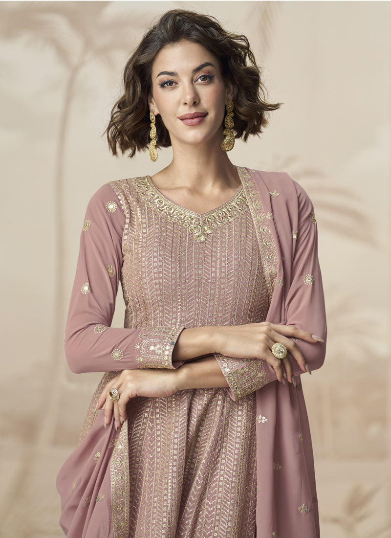 Vegaa Fashion Peach Georgette Embroidered Designer Palazzo Suit | Grocsy