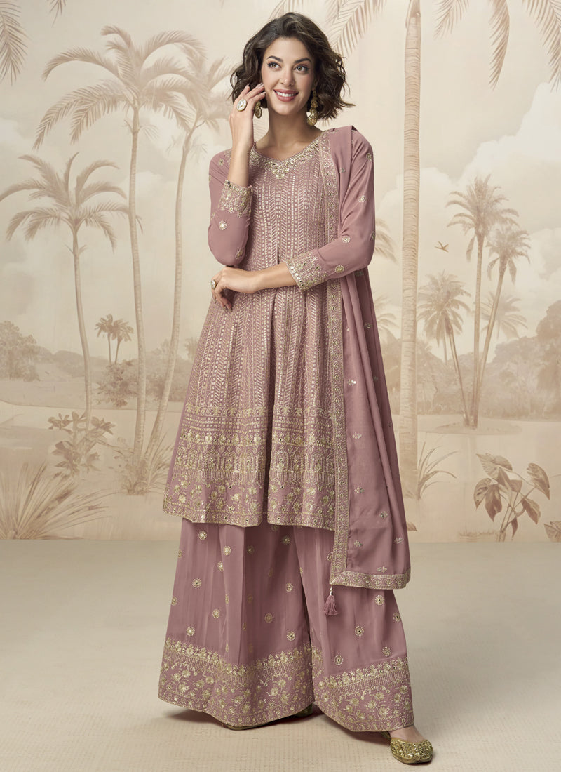Vegaa Fashion Peach Georgette Embroidered Designer Palazzo Suit | Grocsy