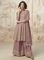 Vegaa Fashion Peach Georgette Embroidered Designer Palazzo Suit | Grocsy